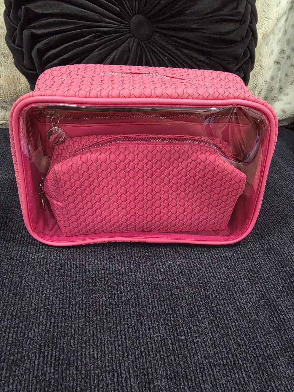 Hot Pink Woven Cosmetic Pouch Set